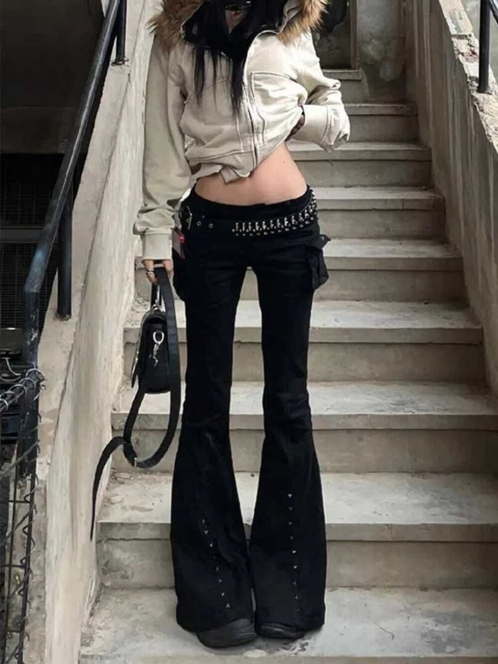 Y2K Black Studded Flare Jeans Silver Pyramid Studs Goth Grunge Bell Bottom